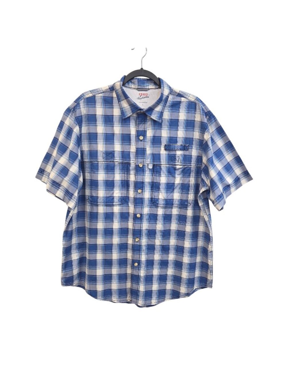 Izod Mens Sunfaster Plaid Short Sleeve Button-Up Shirt Blue/White Size L4309